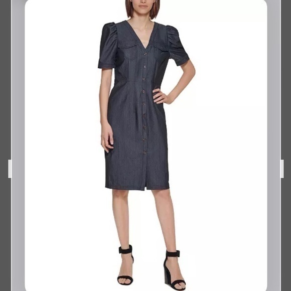 Calvin Klein Denim Puff-Sleeve Sheath Dress in Blue Size 6P - Picture 1 of 13